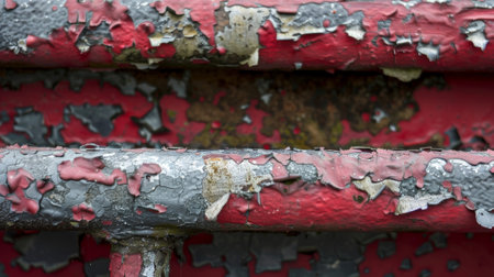 The texture of peeling paint and builtup grime on a metal handrail revealing hints of a bright red underneathの素材
