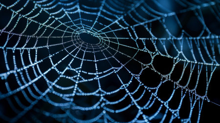 A detailed shot of a silky spider web with intricate patterns of inter threads creating a mesmerizing sightの素材