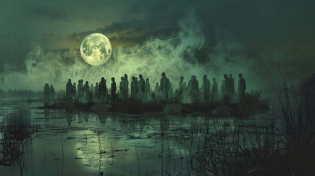 The moons reflection in the still waters of the field reveals a silent gathering of ghostly figures standing in eerie stillness like statues in the moonlightの素材