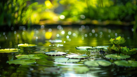 A serene garden with a peaceful pond where Higgs bosons can be seen swirling beneath the waters surfaceの素材