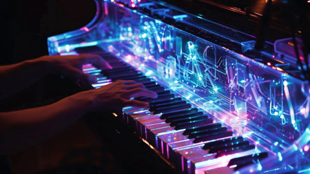 The music a mix of electronic beats and classical instruments adds a futuristic touch to the performanceの素材