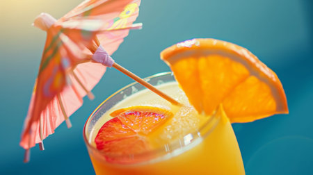 A closeup shot of a cocktail with a colorful umbrella and a slice of fruit sticking outの素材