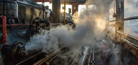 A cloud of steam surrounds the marine diesel engine as it cranks to life after being startedの素材
