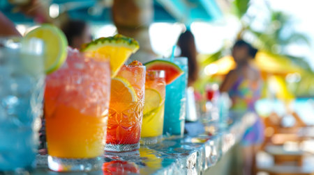 An exotic beach bar where guests can indulge in a variety of colorful tropical drinks served with a smileの素材