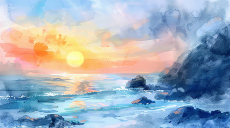 A serene watercolor landscape of a peaceful beach cliff with a lone electron making a peaceful leap towards the sun setting in the distanceの素材