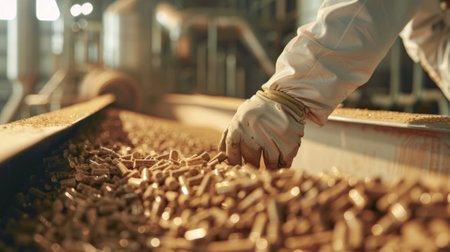 Closeup of a worker monitoring the temperature and moisture levels of wood pellets during productionの素材