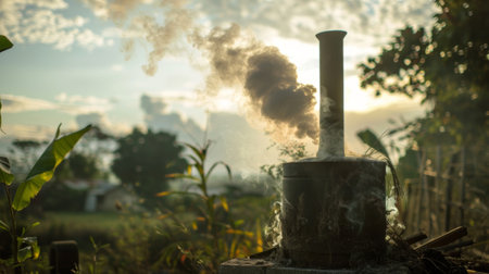 The thick smoke of a rural biomass stove rises into the sky a daily reminder of the perseverance and resilience of those living in rural communitiesの素材