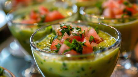 Guests can cool off with a creamy avocado gazpacho garnished with diced tomatoes and chopped herbs at this tropical vegan buffetの素材