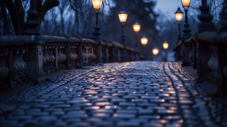 A cobblestone bridge is illuminated by the soft light of gas lamps perfect for a nighttime strollの素材