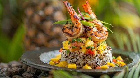 A tower of tropical paradise featuring layers of grilled pineapple coconut shrimp and mango salsa on a bed of wild riceの素材
