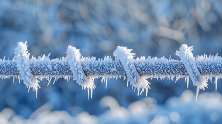 A frozen fence with thin strands of rime ice hanging off the horizontal barsの素材