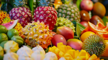 A vibrant display of colorful fruits each with unique shapes and textures awaits eager learners on the Exotic Fruit Educational Tourの素材