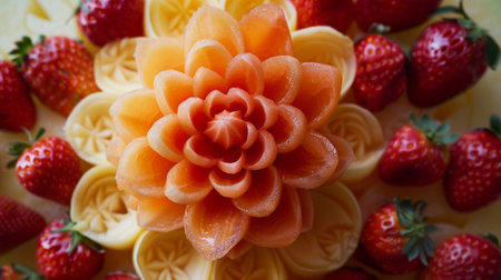 A unique piece featuring a melon carved into the shape of a stunning flower surrounded by s of sweet gs and luscious strawberriesの素材