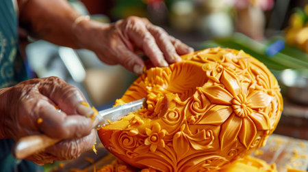 The skilled technique of mango carving passed down for generations in tropical regionsの素材