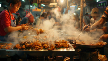 A constant flurry of activity as vendors chop grill and stirfry their specialties for waiting customersの素材