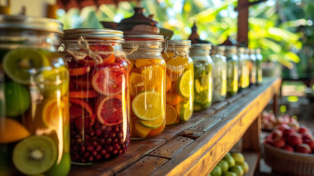 An outdoor kitchen set up for canning tropical fruits showing the process of sterilizing jars and filling them with preserved fruitsの素材