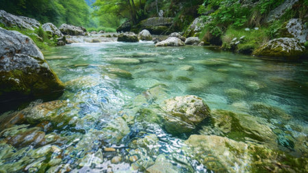 A river runs through the center of the area its crystal clear water home to a diverse range of aquatic particlesの素材