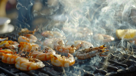 Smoke rises from a charcoal grill adding a rich flavor to the fresh seafood being cooked to perfectionの素材