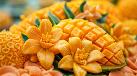 A feast for both the eyes and taste buds with the stunning mango carvings at the fairの素材