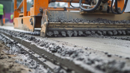 A laserguided concrete paver smoothly glides across the ground laying down a steady and even layer of concreteの素材