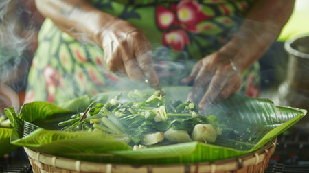 A woman using banana leaves to wrap and steam vegetables for a healthy side dish at the island cookoutの素材