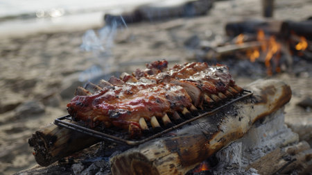 A makeshift smoker built from driftwood and a metal grate slowly smoking a rack of tender ribs to be devoured by hungry beachgoersの素材