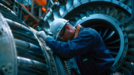 A maintenance technician inspecting the internals of an industrial turbine ensuring its efficiency and safe operationの素材