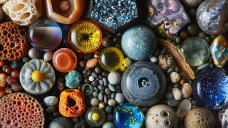 A collage of diverse objects from sand grains to galaxies all composed of tiny building blocksの素材