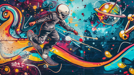 A graffiti wall decorated with images of electrons atoms and skateboardersの素材