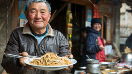 A friendly vendor proudly shows off a plate of y noodles ready to be devoured by hungry customersの素材