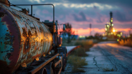 A rusty old truck carrying barrels of crude oil is the only activity at the refinery during the serene dawn hoursの素材