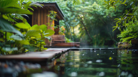 A natural sauna formed by hot springs in a lush green settingの素材