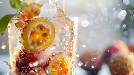 An exotic blend of lychee and passionfruit served in a tall glass with a splash of sparkling waterの素材