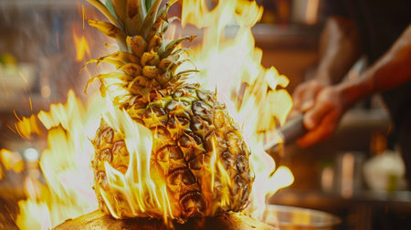 A man skillfully rotates a whole pineapple over the fire caramelizing the sugars and intensifying the fruits natural sweetness for an islandinspired dessertの素材