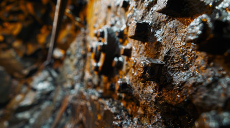A large drill bit is used to bore holes into the coalrich walls of the mineの素材