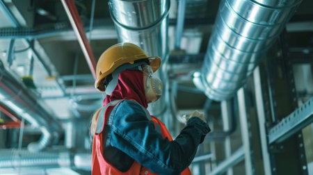 A worker installing safety measures such as ventilation systems to protect against harmful radiationの素材