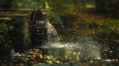 A quaint waterwheel turning in a gentle streamの素材