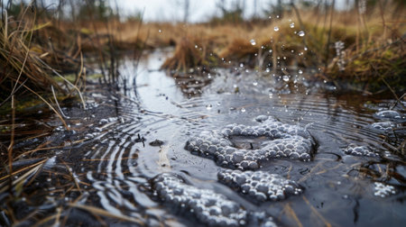 The ane bubbles create a mosaic of movement on the surface of the bog breaking through the stagnant waterの素材