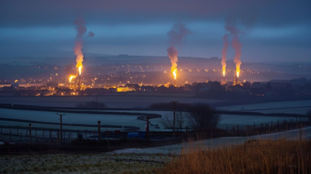 In the distance a small town can be seen with the gas flares looming over itの素材