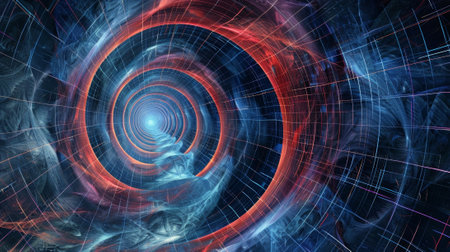 A distorted labyrinth of lines and curves portraying the complex topology of spacetime in the theoryの素材