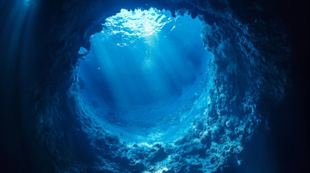 A mysterious and otherworldly glow emanating from the depths of a blue hole beckoning curious diversの素材