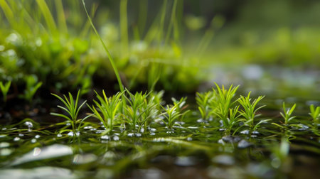 The permafrost thaw has created a unique habitat for aquatic plants their green fronds swaying gently in the clear waters of the pondの素材