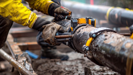 Closeup of a worker securing a newly installed gas pipe with heavyduty clampsの素材