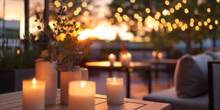 A of candles strategically p around the rooftop casts a warm and inviting light over the outdoor seating area. 2d flat cartoonの素材