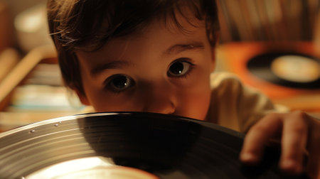 A young child holds a vinyl record in their hands their eyes lighting up as they eagerly anticipate the music it will produce and the emotions it will evokeの素材