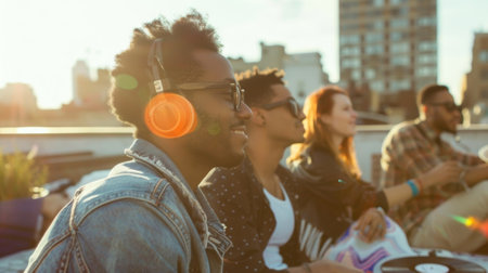 Amidst the urban landscape a group of young professionals relax on a rooftop listening to soulful tunes on vinylの素材