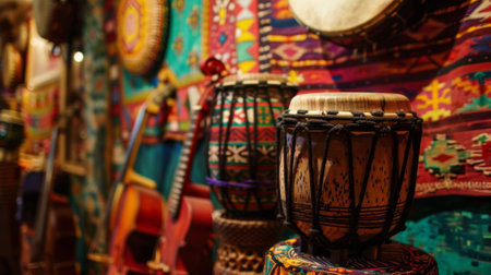The World Music Haven With colorful tapestries and instruments from different cultures decorating the walls this corner is a celebration of music from around the world. Musicians plaの素材