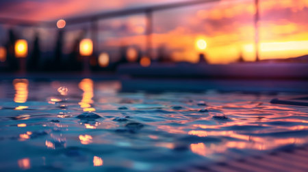 An inviting and dreamy defocused image of a spa pool at sunset with the vibrant colors of the sky reflected on the waters surface. The blurred lights in the background add to the peacefulの素材