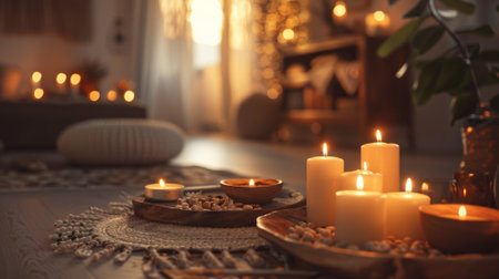 The warm tones of the candles and the earthy decor elements create a cozy and inviting space for a candlelit meditation session. 2d flat cartoonの素材