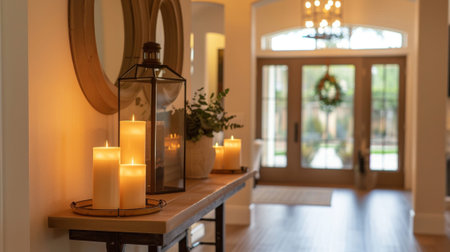 A welcoming entryway with an LED candle array on a console table greeting guests with a warm ambiance. 2d flat cartoonの素材